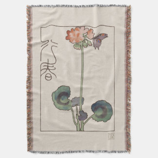 Vintage Japanese Spring Art: Geranium & Butterfly Throw Blanket