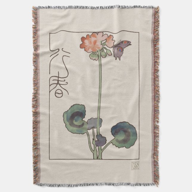 Vintage Japanese Spring Art: Geranium & Butterfly Throw Blanket (Front Vertical)
