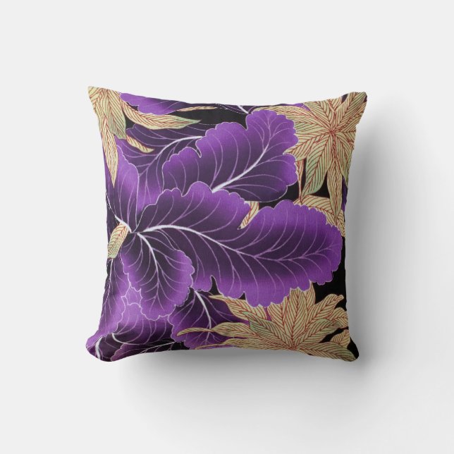 Vintage Japanese Textile, Purple Leaf Cushion (Front)