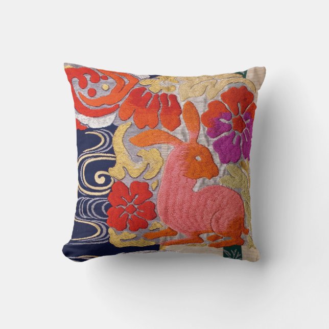 Vintage Japanese Textile, Rabbit Pattern Cushion (Front)