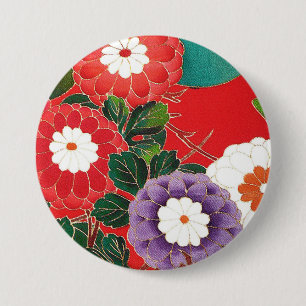 Vintage Japanese Textile - Red Dahlias 7.5 Cm Round Badge