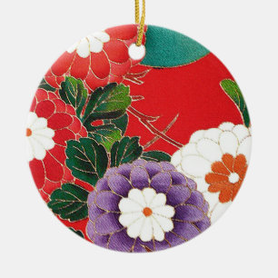 Vintage Japanese Textile - Red Dahlias Ceramic Tree Decoration