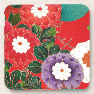 Vintage Japanese Textile - Red Dahlias Coaster