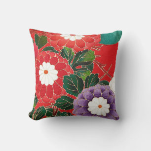 Vintage Japanese Textile - Red Dahlias Cushion