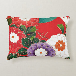 Vintage Japanese Textile - Red Dahlias Decorative Cushion