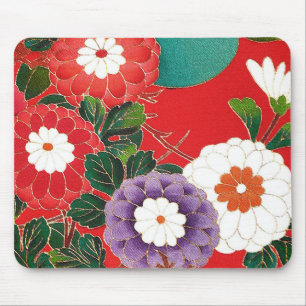 Vintage Japanese Textile - Red Dahlias Mouse Mat