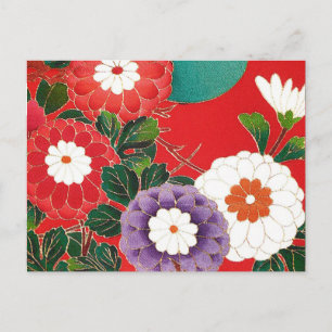 Vintage Japanese Textile - Red Dahlias Postcard