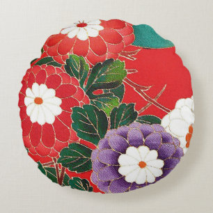 Vintage Japanese Textile - Red Dahlias Round Cushion
