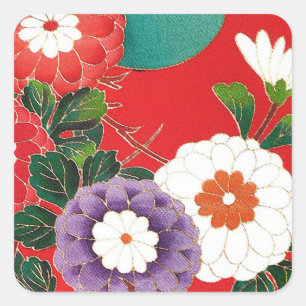 Vintage Japanese Textile - Red Dahlias Square Sticker