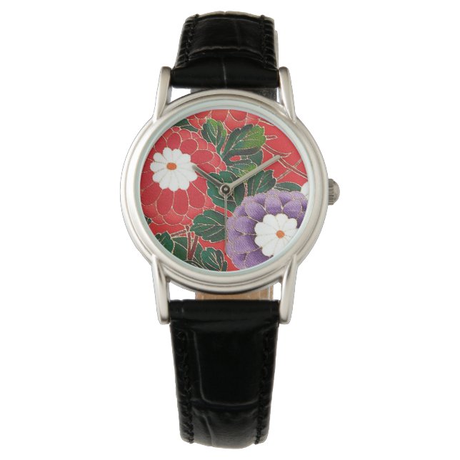 Vintage Japanese Textile - Red Dahlias Watch (Front)