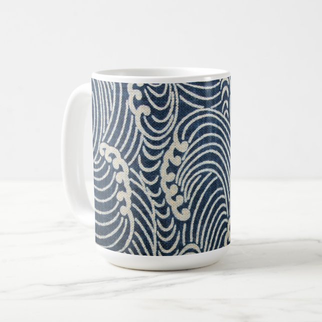 Vintage Japanese Textile, Wave Pattern Coffee Mug (Front Left)