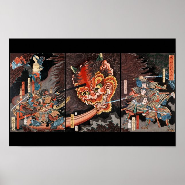 Vintage Japanese Triptych: Samurai vs. Oni King Poster (Front)