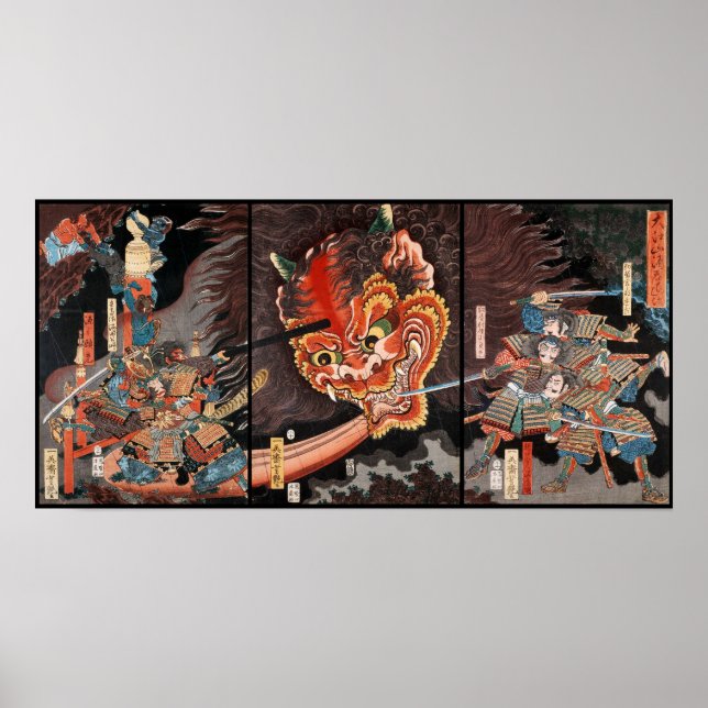 Vintage Japanese Triptych: Samurai vs. Oni King Poster (Front)