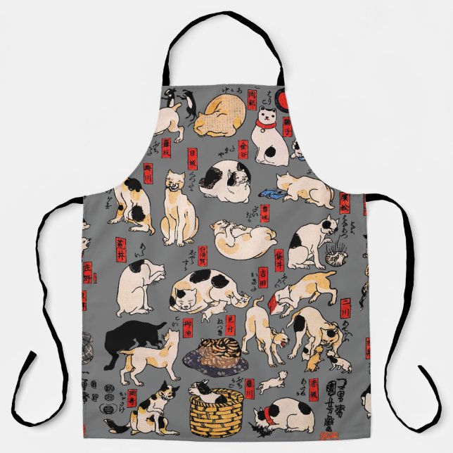 Vintage Japanese Ukiyo-e Cat Pattern: Kuniyoshi Apron (Front)