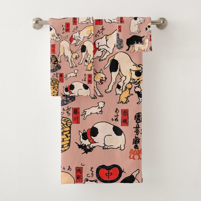 Vintage Japanese Ukiyo-e Cat Pattern: Kuniyoshi Bath Towel Set (Insitu)