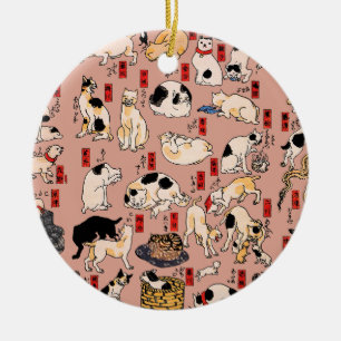 Vintage Japanese Ukiyo-e Cat Pattern: Kuniyoshi Ceramic Tree Decoration