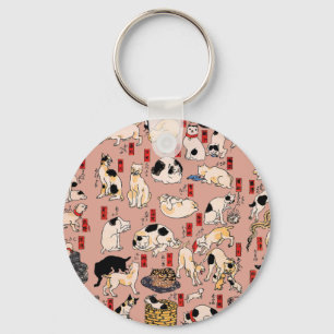 Vintage Japanese Ukiyo-e Cat Pattern: Kuniyoshi Key Ring