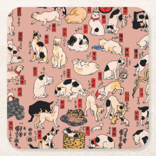 Vintage Japanese Ukiyo-e Cat Pattern: Kuniyoshi Square Paper Coaster