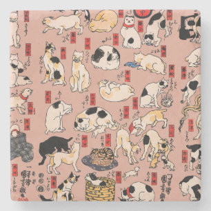 Vintage Japanese Ukiyo-e Cat Pattern: Kuniyoshi Stone Coaster