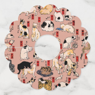 Vintage Japanese Ukiyo-e Cat Pattern: Kuniyoshi Wine Glass Tag