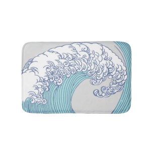 Vintage Japanese Ukiyo-e Surf Wave Art Blue Coast Bath Mat
