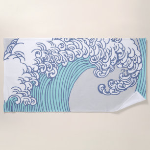 Vintage Japanese Ukiyo-e Surf Wave Art Blue Coast Beach Towel