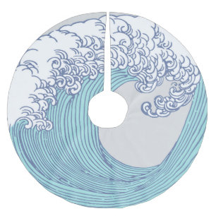 Vintage Japanese Ukiyo-e Surf Wave Art Blue Coast Brushed Polyester Tree Skirt