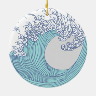 Vintage Japanese Ukiyo-e Surf Wave Art Blue Coast Ceramic Tree Decoration