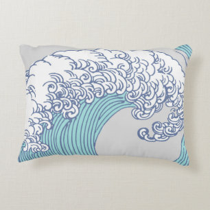 Vintage Japanese Ukiyo-e Surf Wave Art Blue Coast Decorative Cushion