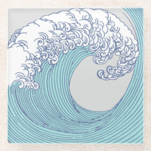 Vintage Japanese Ukiyo-e Surf Wave Art Blue Coast Glass Coaster