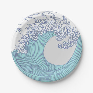 Vintage Japanese Ukiyo-e Surf Wave Art Blue Coast Paper Plate