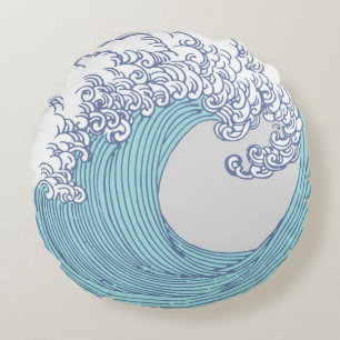 Vintage Japanese Ukiyo-e Surf Wave Art Blue Coast Round Cushion