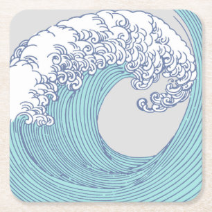 Vintage Japanese Ukiyo-e Surf Wave Art Blue Coast Square Paper Coaster