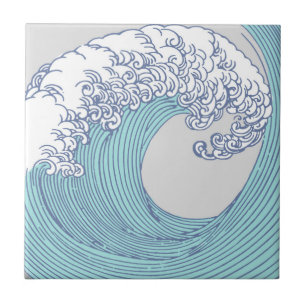 Vintage Japanese Ukiyo-e Surf Wave Art Blue Coast Tile
