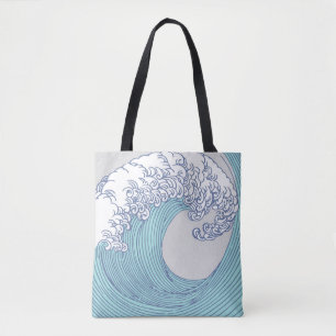 Vintage Japanese Ukiyo-e Surf Wave Art Blue Coast Tote Bag