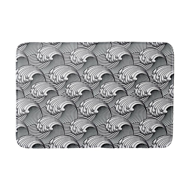 Vintage Japanese Waves, Black and White Bath Mat (Front)
