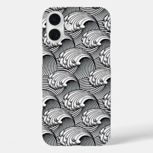 Vintage Japanese Waves, Black and White iPhone 16 Plus Case