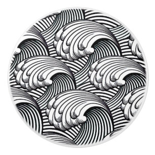 Vintage Japanese Waves, Black and White Ceramic Knob