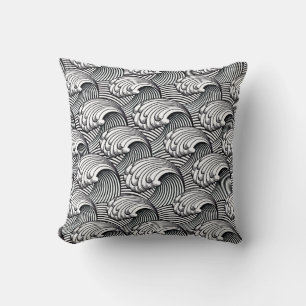 Vintage Japanese Waves, Black and White Cushion