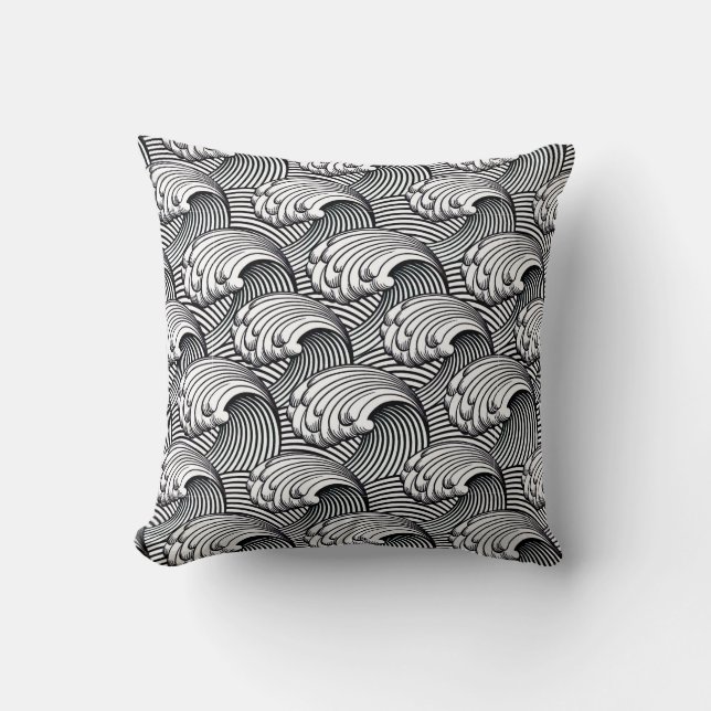 Vintage Japanese Waves, Black and White Cushion (Front)