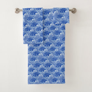 Vintage Japanese Waves, Cobalt Blue and White Bath Towel Set
