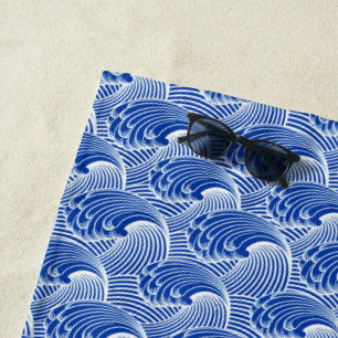 Vintage Japanese Waves, Cobalt Blue and White Beach Towel