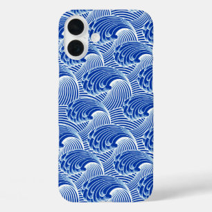 Vintage Japanese Waves, Cobalt Blue and White iPhone 16 Plus Case