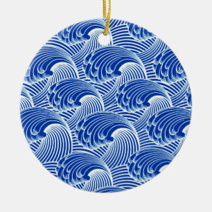 Vintage Japanese Waves, Cobalt Blue and White  Ceramic Tree Decoration