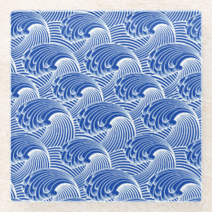 Vintage Japanese Waves, Cobalt Blue and White Glass Coaster