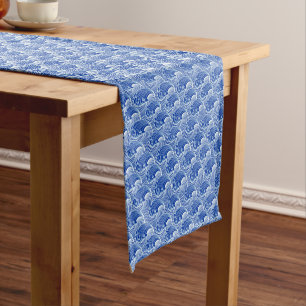 Vintage Japanese Waves, Cobalt Blue and White  Short Table Runner