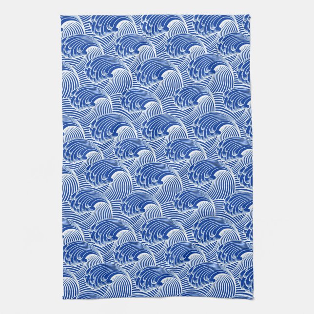 Vintage Japanese Waves, Cobalt Blue and White Tea Towel (Vertical)