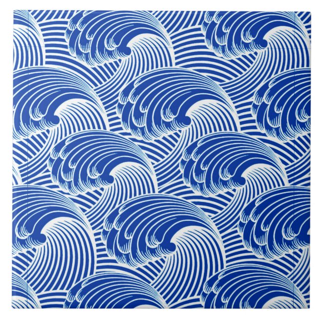 Vintage Japanese Waves, Cobalt Blue and White Tile (Front)