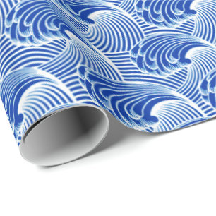 Vintage Japanese Waves, Cobalt Blue and White Wrapping Paper