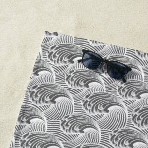 Vintage Japanese Waves, Grey / Grey and White Beach Towel
